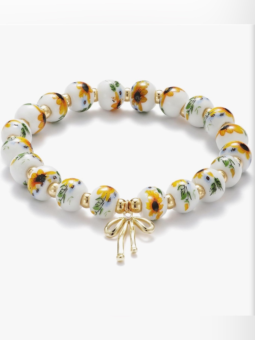 ❤️ Handmade Sunflower Bead Stretch Bracelet 18K Gold Plated White Yellow Bow - Picture 1 of 2